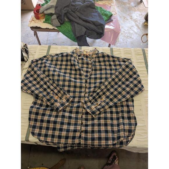 Anthropologie Pilcro Women's Blouse Checkered Floral Button Up Blue Large - Picture 1 of 4
